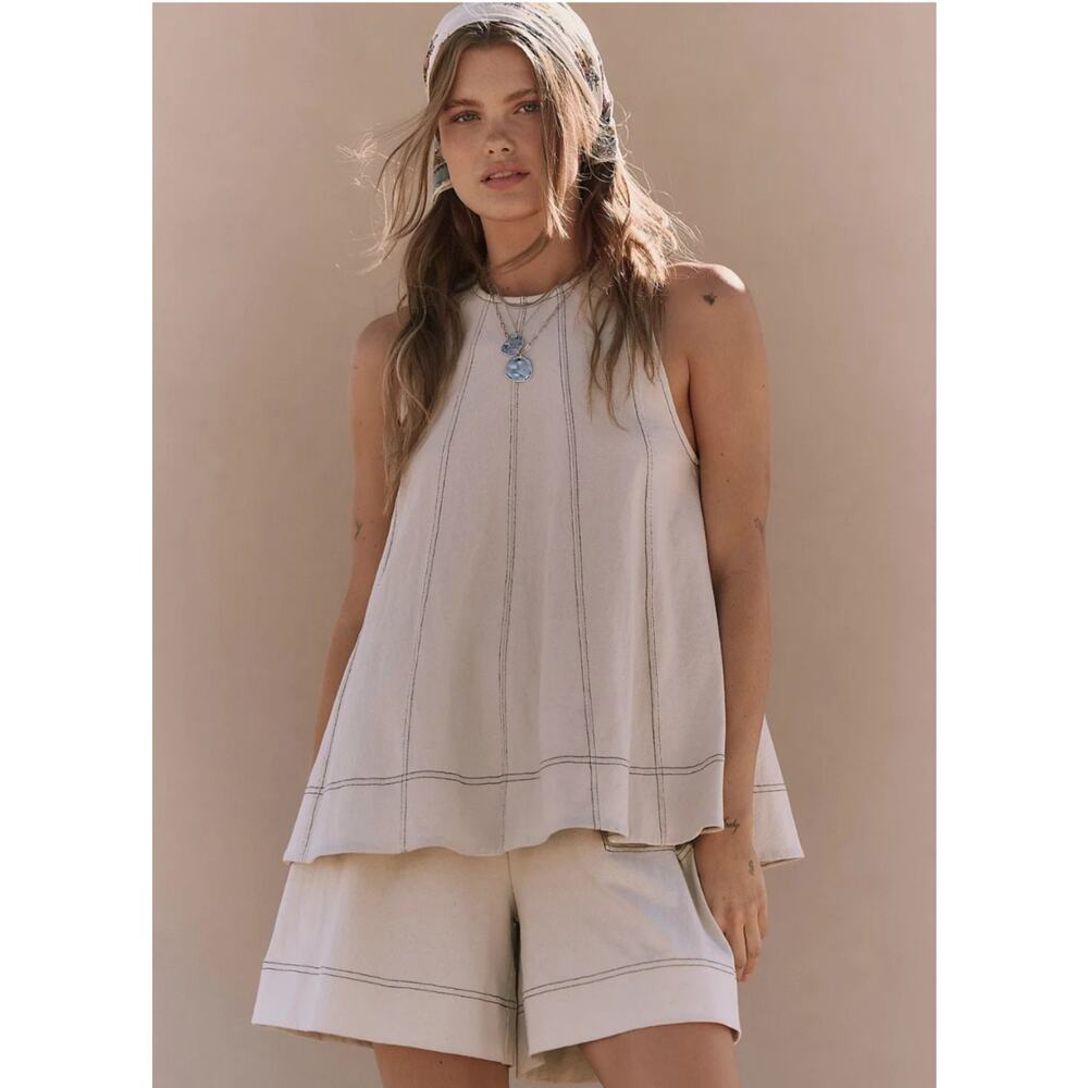 Free People Beach Strada Cotton Beige Two Piece Top Shorts Set XS - Picture 3 of 14